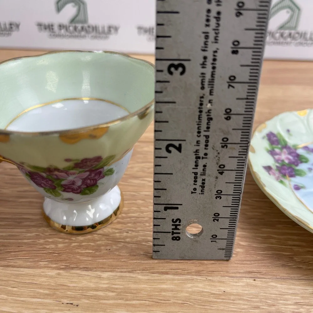 Lefton China 124 Hand Painted Violets Teacup and Saucer Set Gold Trim Mint Green